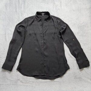 Express The City Shirt Women XS Black Button Up Long Sleeve Roll Tab Blouse